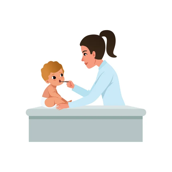 Ženské pediatr v bílém plášti pohledu na krku kojenecká dítě s špachtle, zdravotnictví pro děti vektorové ilustrace na bílém pozadí — Stockový vektor