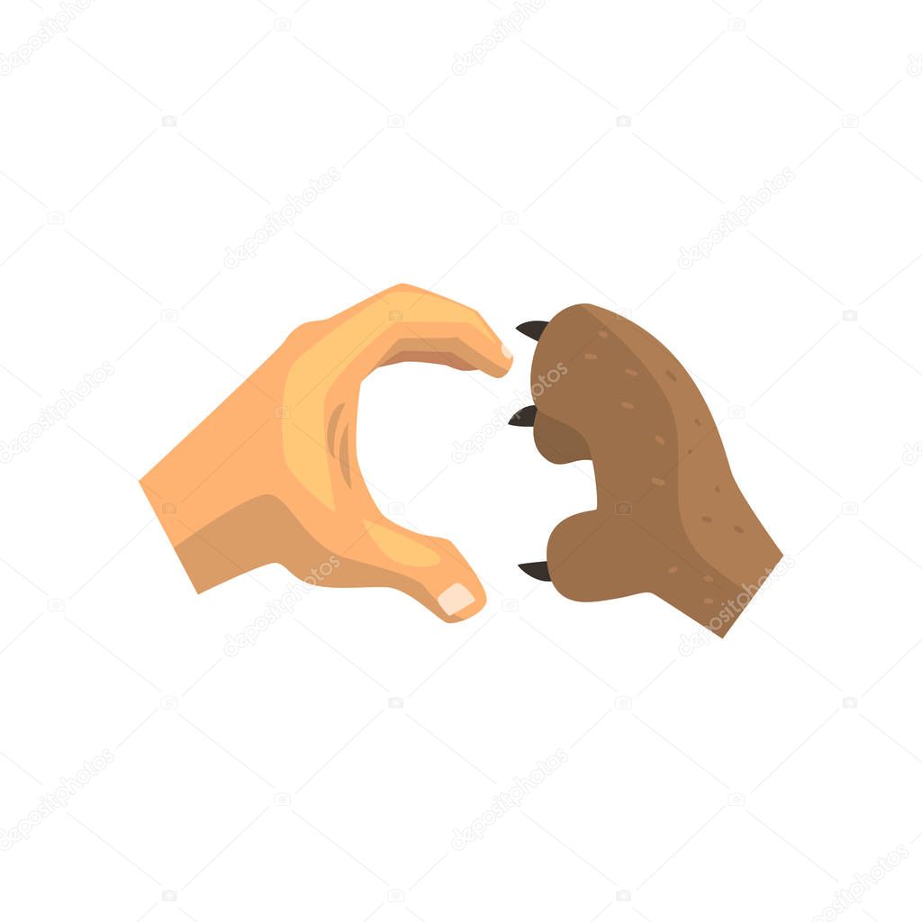 Human hand and dog paw making heart gesture, friends forever, training, veterinary care concept vector Illustration on a white background