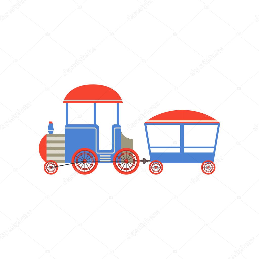 Kids toy train, blue and red cartoon railroad toy with locomotive vector Illustration on a white background
