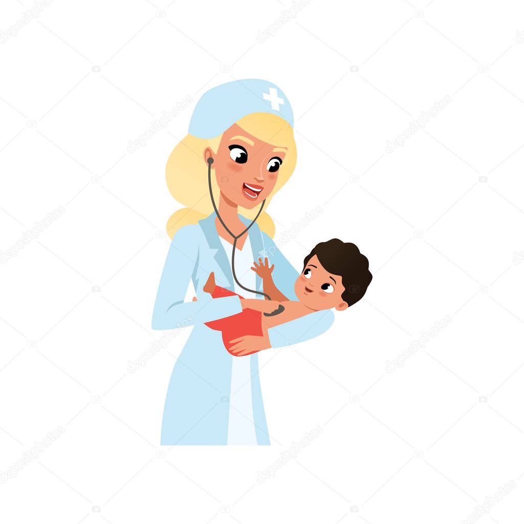 Female pediatrician in white coat doing medical examination of infant kid with stethoscope, healthcare for children vector Illustration on a white background