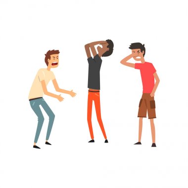 Üç adam kavga ve küfür, agresif ve şiddet içeren davranışlar vektör çizim beyaz bir arka plan üzerinde