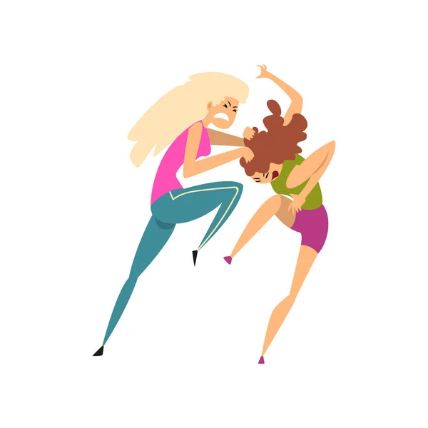 Two girls fighting and quarrelling, aggressive and violent behavior vector Illustration on a white background Stock Vector