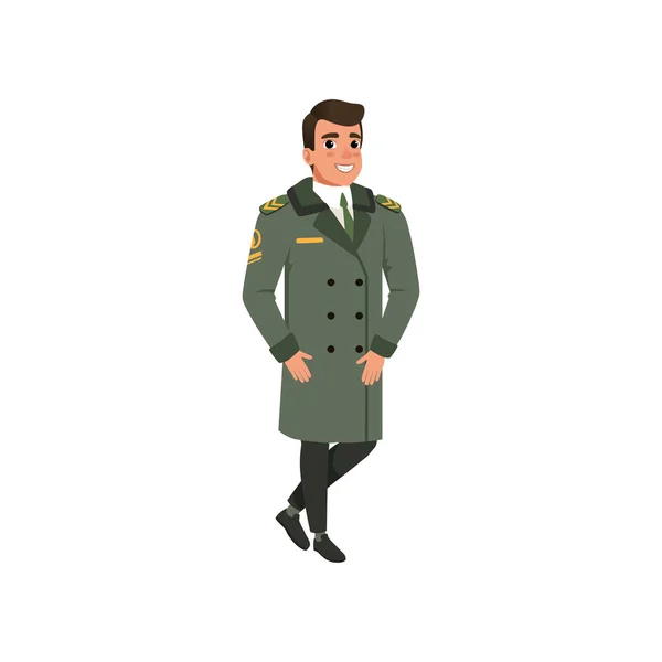 Oficial de aviação de casaco verde com riscas de patente. Personagem dos desenhos animados do piloto do exército. Desenho vetorial plano colorido —  Vetores de Stock