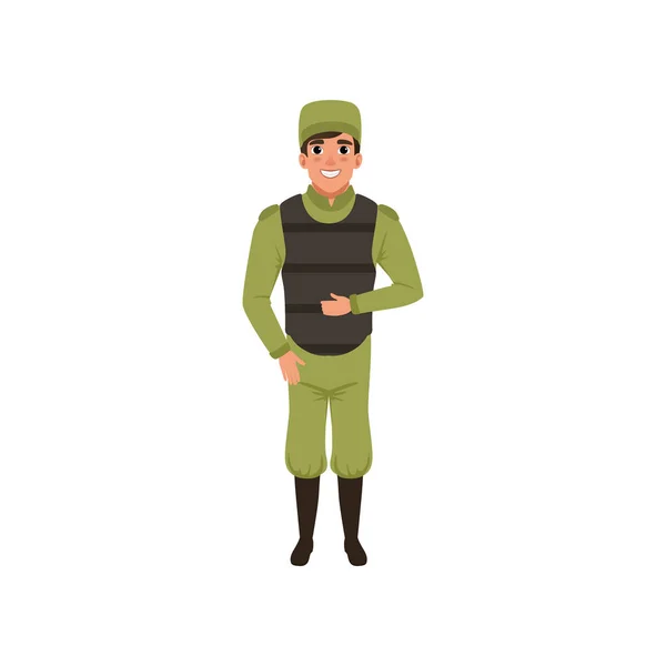 Soldado del ejército con uniforme verde, gorra y chaleco antibalas. Miembro de las fuerzas armadas. Diseño de vector plano colorido — Archivo Imágenes Vectoriales