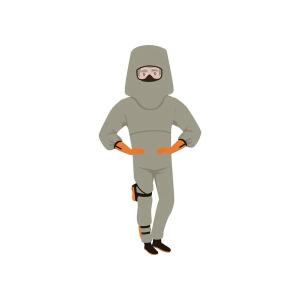 Man in advanced bomb suit and helmet. Explosive ordnance disposal technician. Dangerous profession. Flat vector design — Stock Vector