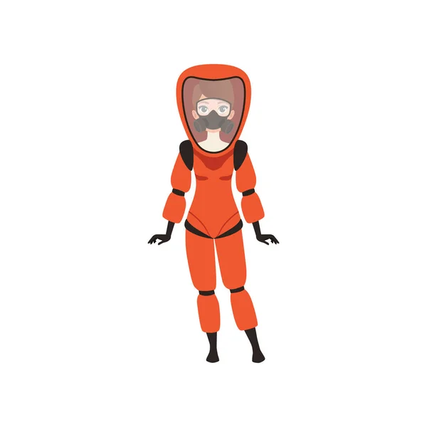 Frau in rotem Schutzanzug und Gasmaske. Schutz vor Strahlengefahr. flache Vektorabbildung — Stockvektor