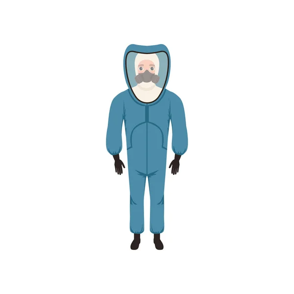 Jonge man in blauwe beschermende kostuum, handschoenen en gasmasker. Bescherming tegen bio of radioactieve gevaar. Platte vector design — Stockvector