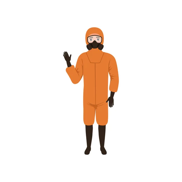 Adam ayakta ve el sallayarak turuncu koruyucu kostüm. Kimyasal veya biyolojik tehlike karşı koruma. Düz vektör tasarımı — Stok Vektör