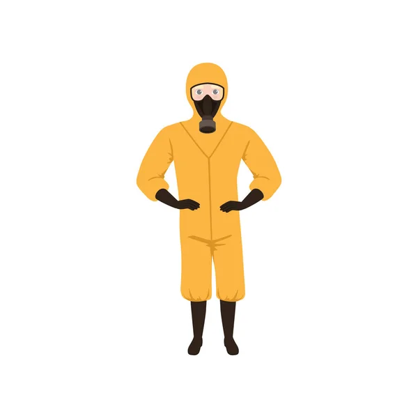 Worker of chemical laboratory wearing orange protective suit, gas mask, gloves and boots. Flat vector design — Stock Vector