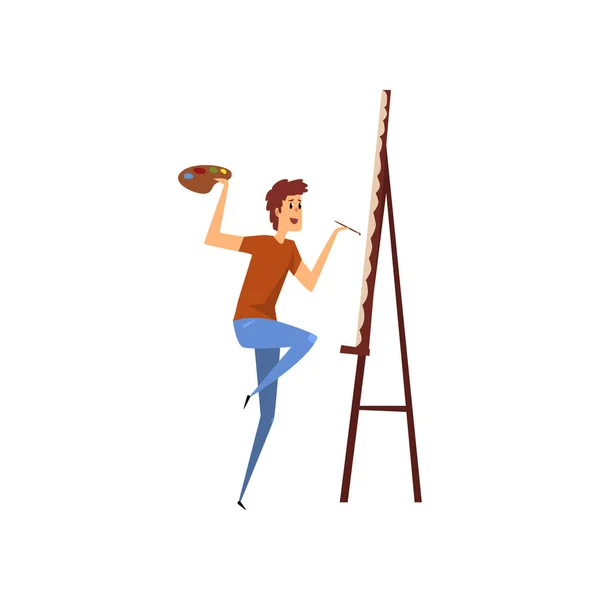 Mann Künstler Charakter Zeichnung auf der Staffelei mit Farben, Hobby oder Beruf Konzept Cartoon Vektor Illustration auf weißem Hintergrund — Stockvektor