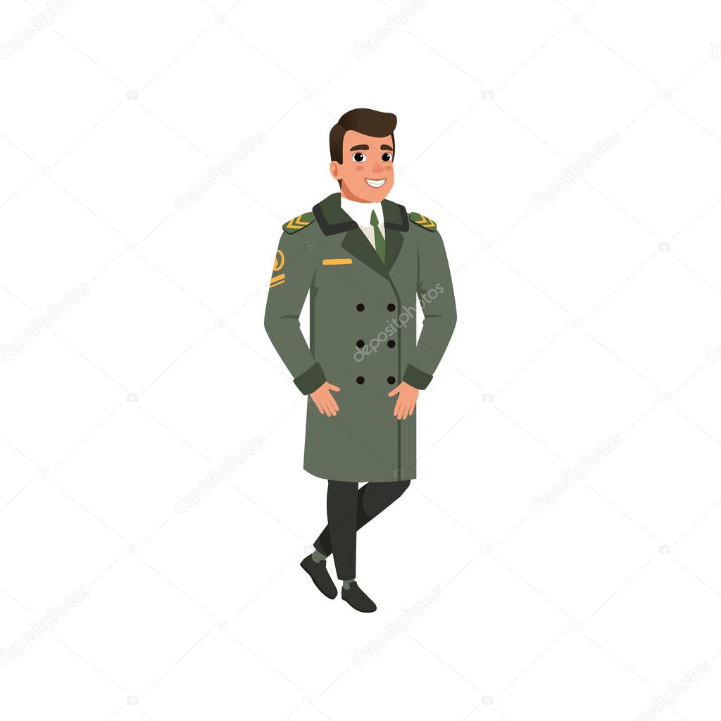 Aviation officer in green coat with rank stripes. Cartoon character of army pilot. Colorful flat vector design