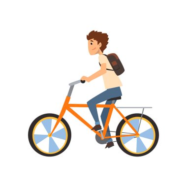 Genç adam bisiklet, spor ve fiziksel aktivite kavramı vektör çizim sürme sırt çantası ile ben beyaz bir arka plan üzerinde