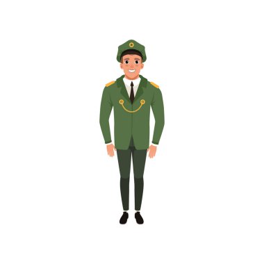 Army officer in formal wear: green jacket, pants and peaked cap. Military theme. Cartoon character of young man. Flat vector design clipart