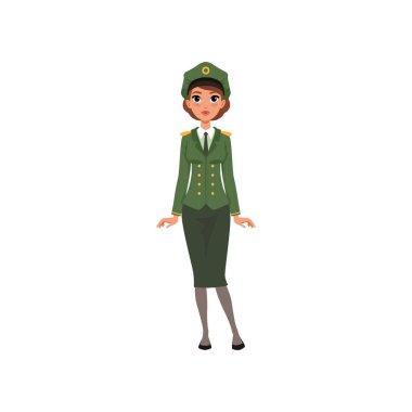 Beautiful brunette woman in formal military uniform: green jacket, skirt and peaked cap. Officer of armed forces. Flat vector design clipart