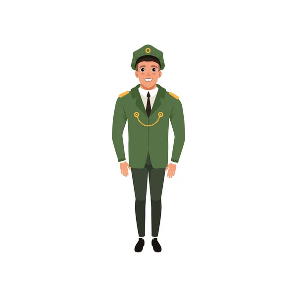 Army officer in formal wear: green jacket, pants and peaked cap. Military theme. Cartoon character of young man. Flat vector design — Stock Vector