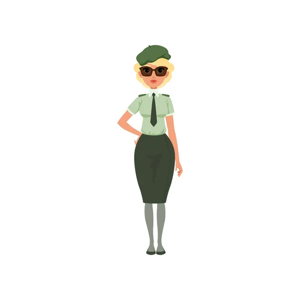 Cartoon woman in formal military dress: green shirt, tie, skirt, beret and sunglasses. Young girl in army officer costume. Flat vector — Stock Vector