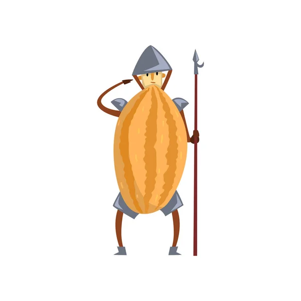 Modiga krigare melon seriefiguren med spjut, mannen i frukt kostym vektor Illustration på vit bakgrund — Stock vektor