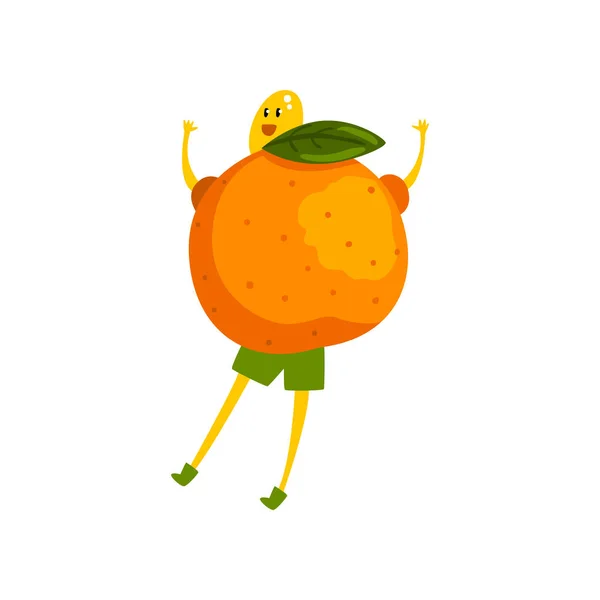 Corajoso personagem de desenho animado mandarim, engraçado humanizado vetor de frutas Ilustração em um fundo branco — Vetor de Stock