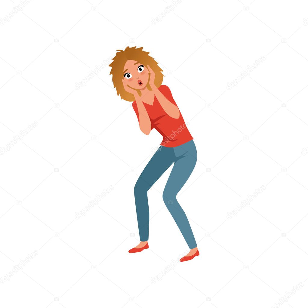 Frightened woman with crazy hair holding her hands on face. Young girl afraid of something. Flat vector design