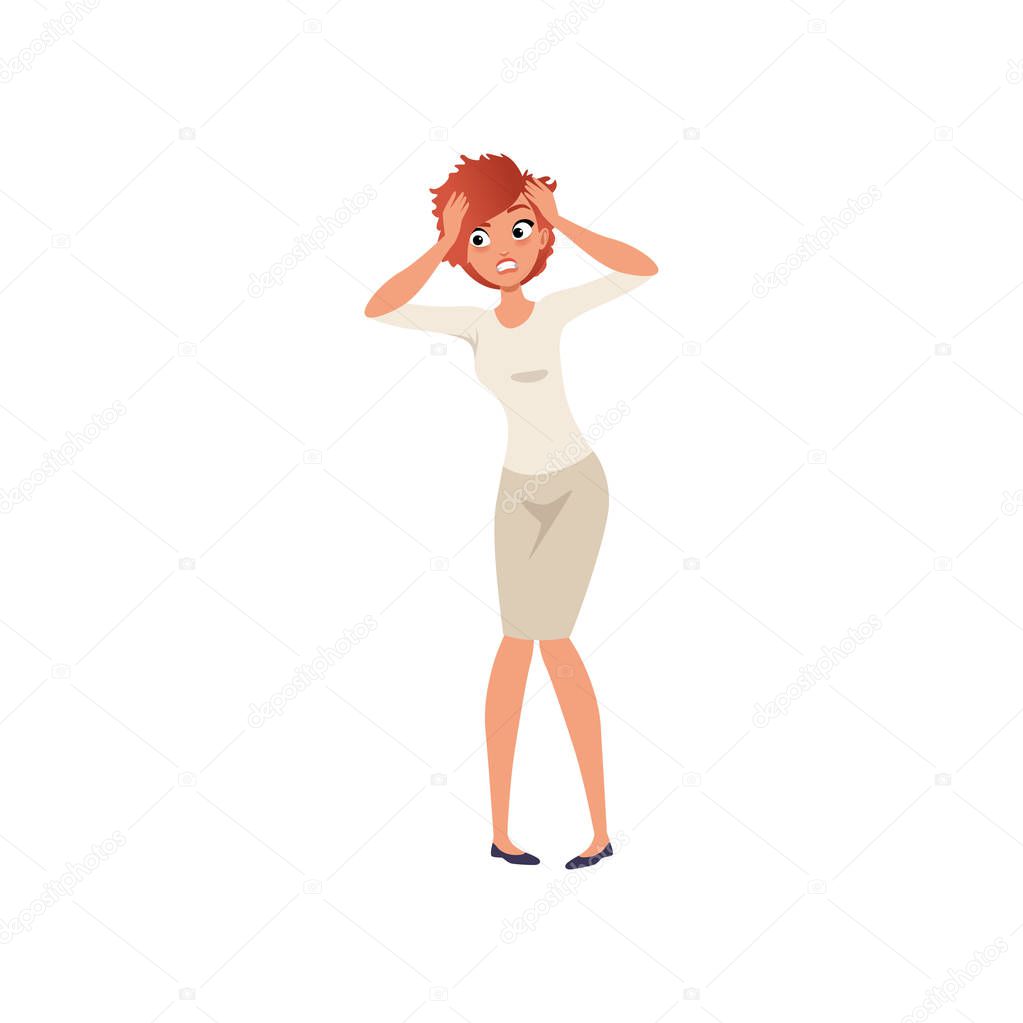 Young scared girl standing and holding her hands on head. Woman experiencing stress and fear. Emotional person. Flat vector design