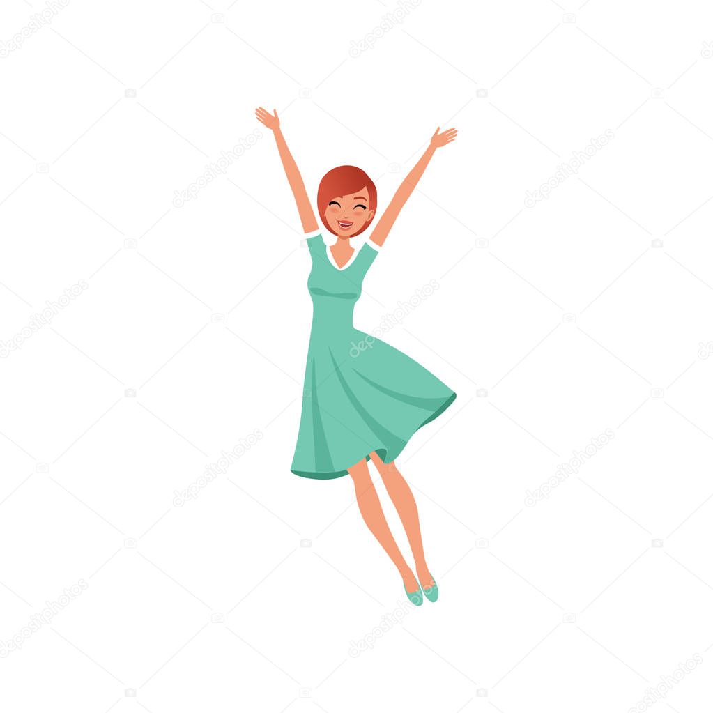 Beautiful woman in jumping action with hands up. Cartoon character of young girl with happy face expression. Flat vector design