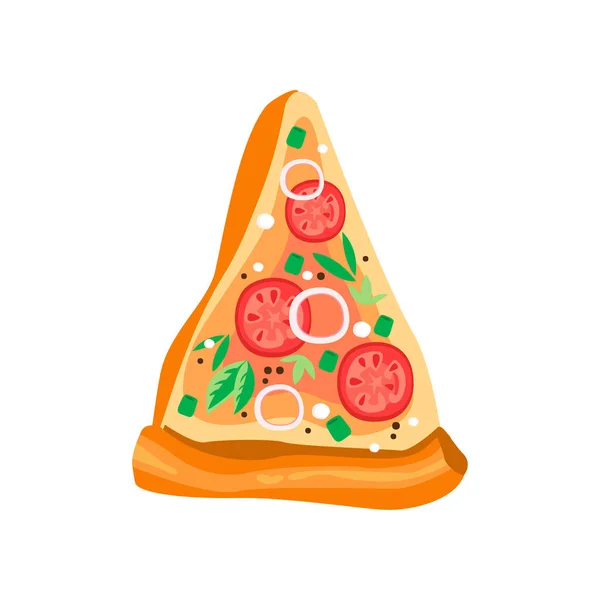 Delicioso triángulo rebanada de pizza con tomates, aros de cebolla, hojas de albahaca y condimentos. Icono de comida rápida. Elemento vectorial plano para aplicación móvil o menú de café — Archivo Imágenes Vectoriales