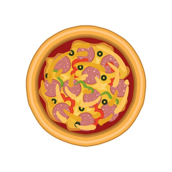 Pizza recém-assada com salame, pimenta e azeitonas, vetor de visão superior Ilustração sobre um fundo branco — Vetor de Stock