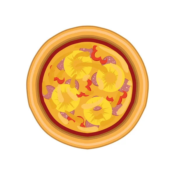 新鲜烤比萨饼与意大利腊肠, 胡椒和菠萝, 顶部视图矢量插图白色背景 — 图库矢量图片