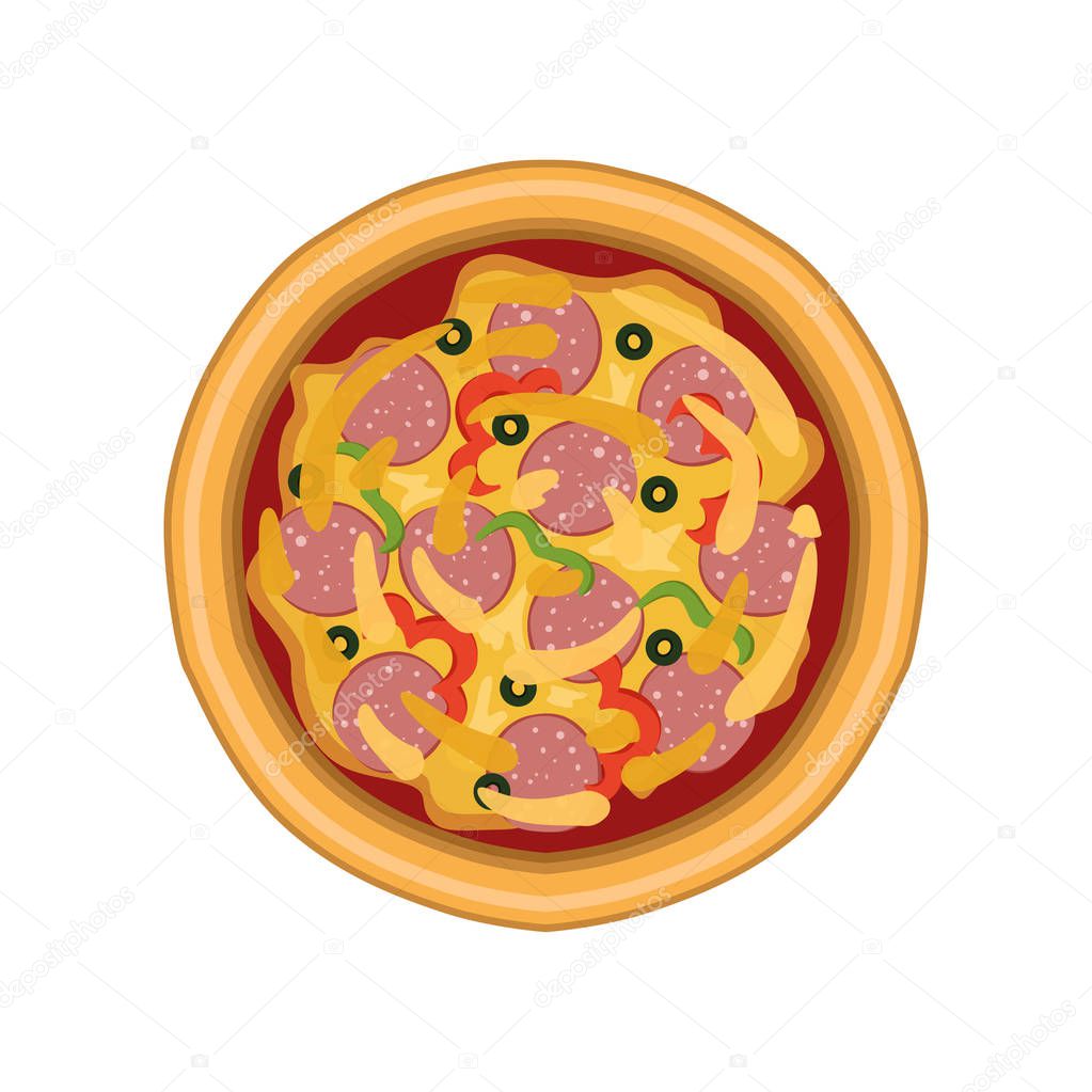 Freshly baked pizza with salami, pepper and olives, top view vector Illustration on a white background