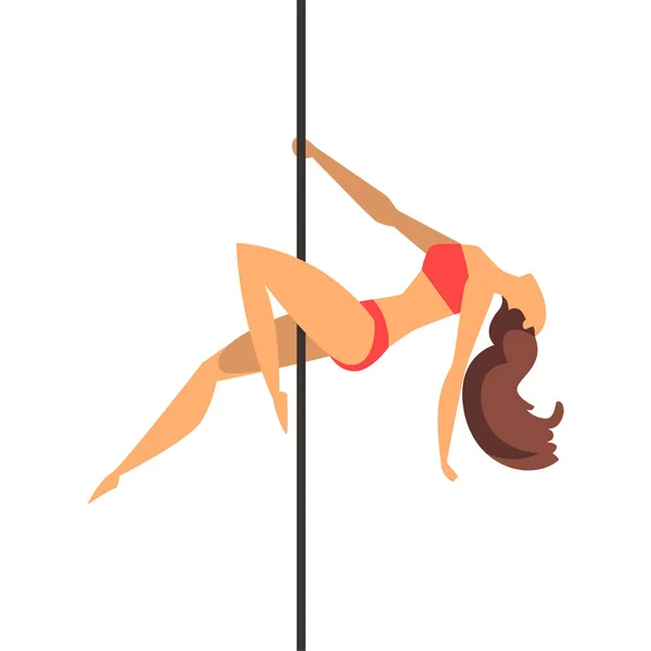 Pole dancer girl in red bikini, fitness on the pole vector Illustration on a white background — Stock Vector