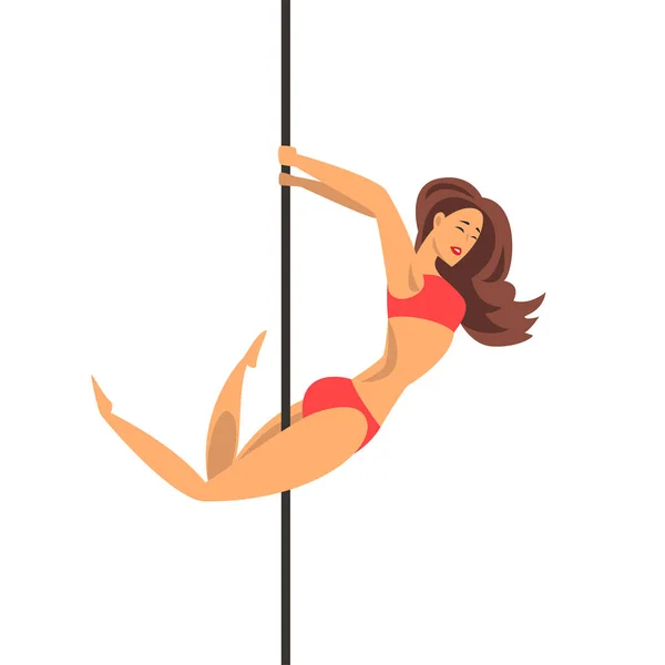 Beautiful girl in red bikini dancing around pole, dance on the pylon vector Illustration on a white background — Stock Vector