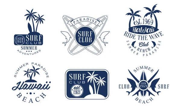 サーフィンクラブのための青い輪郭ロゴのセット。白い背景のベクトルイラスト. — ストックベクタ