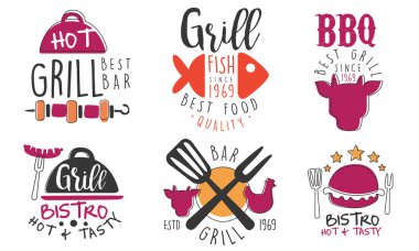 Barbekü ve ızgara büfesi için minimalist logolar. Vektör illüstrasyonu.