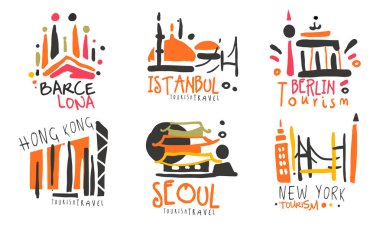 Turizm için kontur logoları. Beyaz arkaplanda vektör illüstrasyonu.