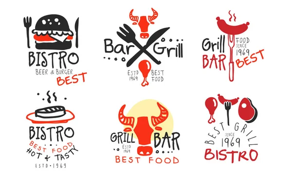 Ensemble de logos concis de barbecue noir rouge. Illustration vectorielle . — Image vectorielle