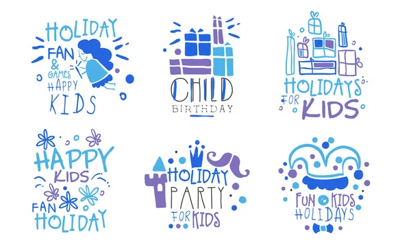 Conjunto de imagens de contorno e inscrições para um feriado infantil. Ilustração vetorial . — Vetor de Stock