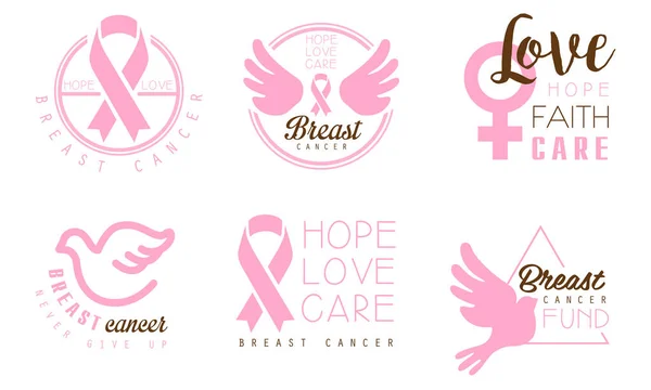 Set of pink logos with inscriptions in support of breast cancer patients. Vector illustration on a white background. — Stock Vector