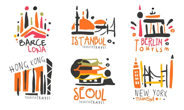 Set de sigle de contur pentru turism. Ilustrație vectorială pe un fundal alb . — Vector de stoc