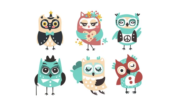 Set of cartoon owls. Vector illustration on a white background. — Stock Vector