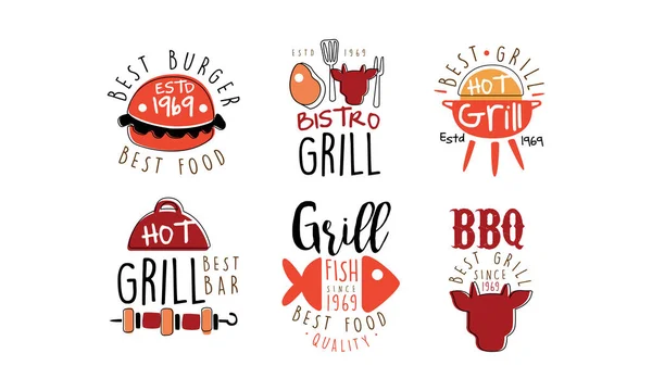 Set of red black logos in a minimalistic style for a grill bar. Vector illustration on a white background.