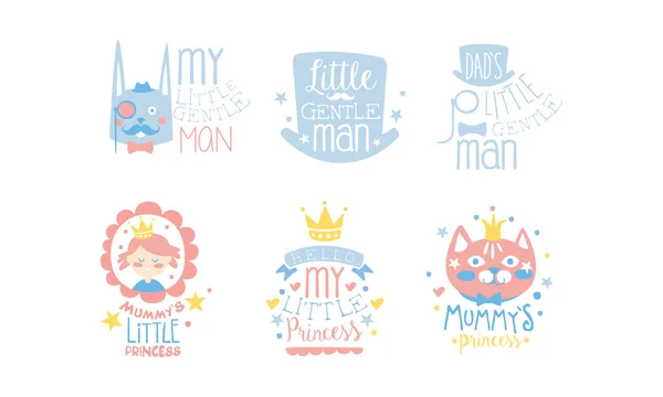 Set of cute pink and blue lettering and images for little girls and boys. Vector illustration. — Stock Vector