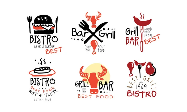 Set rot-schwarzer Logos für Grill-Bar. Vektorillustration. — Stockvektor
