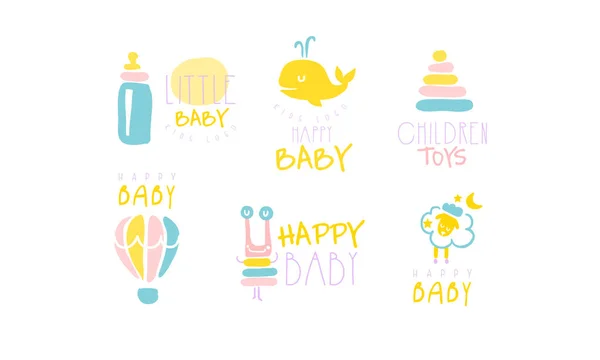 Conjunto de lindas inscripciones e imágenes en colores amarillo y azul para el recién nacido. Ilustración vectorial . — Vector de stock