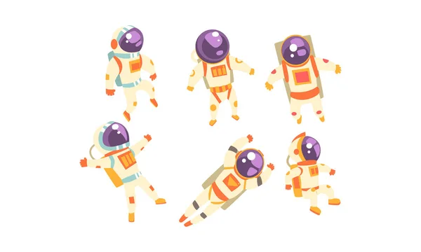 Set niedlicher Astronauten in orangefarbenen Raumanzügen. Vektor-Illustration auf weißem Hintergrund. — Stockvektor
