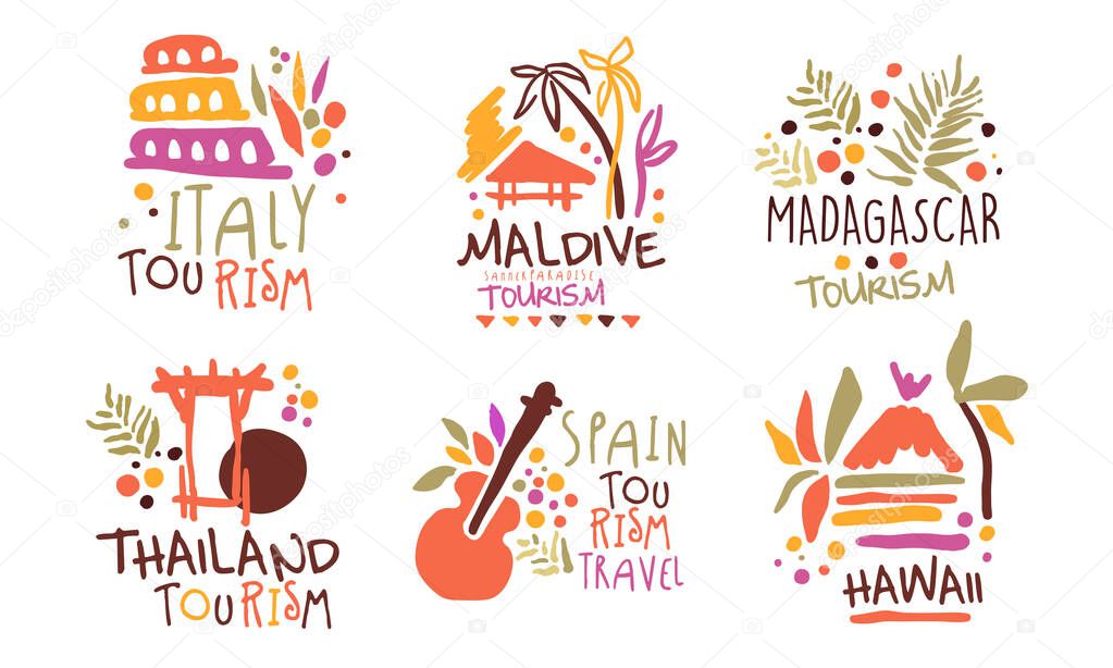 Set of minimalistic logos for a travel agency depicting the attractions of Thailand, Spain, Hawaii, Italy, Maldives, Madagascar. Vector illustration.