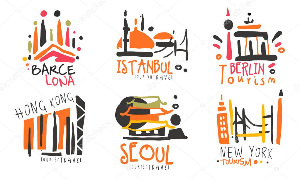Set of contour logos for tourism with inscriptions of Barcelona, Istanbul, Berlin, New York, Seoul, Hong Kong. Vector illustration on a white background.