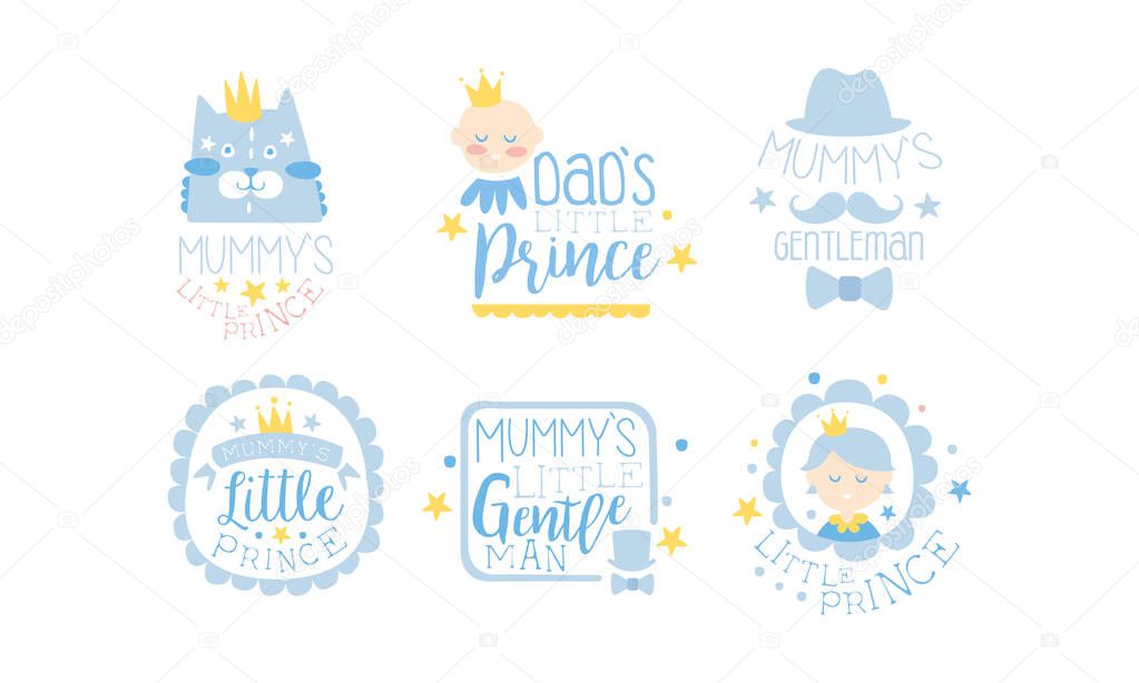 Set of cute lettering and images for a little boy. Vector illustration.