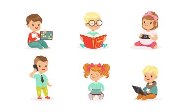 Yeni yürümeye başlayanlar alet kullanır. Beyaz arkaplanda vektör illüstrasyonu.