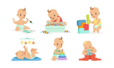Sevimli bebekler oynar ve çizer. Beyaz arkaplanda vektör illüstrasyonu.