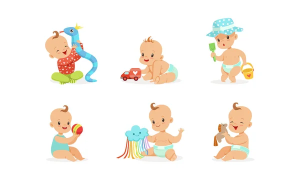 Bebés de dibujos animados con juguetes. Ilustración vectorial sobre fondo blanco . — Vector de stock